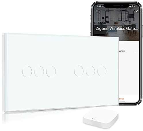 BSEED Interrupteur Tactile Zigbee, Interrupteur Connecté Alexa, Panneau en VERRE, Contrôle Vocal, Passerelle Zigbee Requise (non incluse), 3 Gang+3 Gang, Blanc