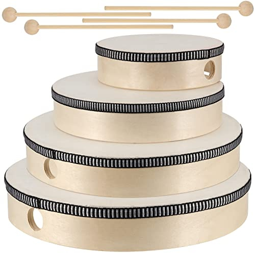 MUKLEI 4 Sizes Wooden Hand Drum Set, Wood Handheld Drum with Strikers, Frame Drum Musical Instrument Percussion Drum for Church, Party, Birthday Gift, 6 Inch/7 Inch/8 Inch/10 Inch