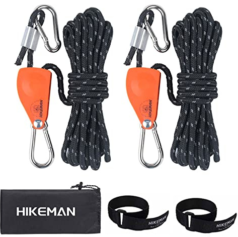 Hikeman Camping Rope with Ratchet Pulley,Quick Setup Outdoor Guy Lines Adjustable Tent Tie Downs Rope Hanger for Canopy,Kayak and Canoe,Grow Light (Black)