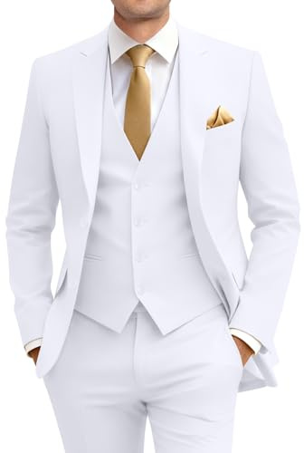 Men Suits Slim Fit 3 Piece Suit Set White Suits for Men Wedding Dress Tux Groomsmen Prom Solid Blazer Jacket Vest Pants with Tie L