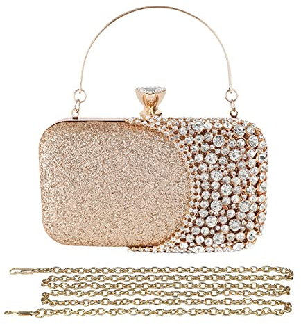 CORIOS Abendtasche Strass Damen Diamant Clutch Bag Klein Tasche Schultertasche Abnehmbarer Kette Handtasche Elegante Umhängetasche für Hochzeit Abendparty Tanzparty Geburtstag Bankett Gold