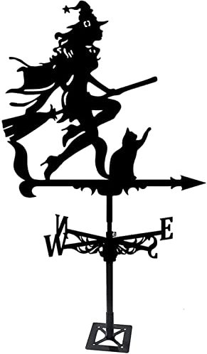 QHYXT Wetterfahnen für Schuppen Wetterfahne Hexe und Katze Metall-Edelstahl-Wetterfahne mit Windrichtungsanzeige, Metallhalterung Windfahne für die Dekoration des Gartenhofs im Freien
