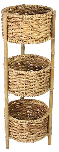 FRANK FLECHTWAREN Korbregal 3 Körbe, Wasserhyazinthe auf Bambus lackiert | Ø 30x16 cm, 90 cm hoch, Bad Wohnzimmer Boho