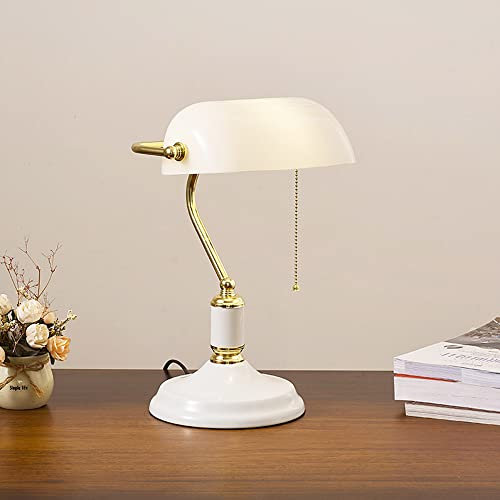Retro Tischlampe mit Zugschalter Vintage Bankerlampe Schlafzimmer Nachttischlampe Bürolampe mit Einstellbar Glasschirm Schreibtischlampe Antik Bibliothekslampe für Wohnzimmer Bar Coffe Studie E27 (B)