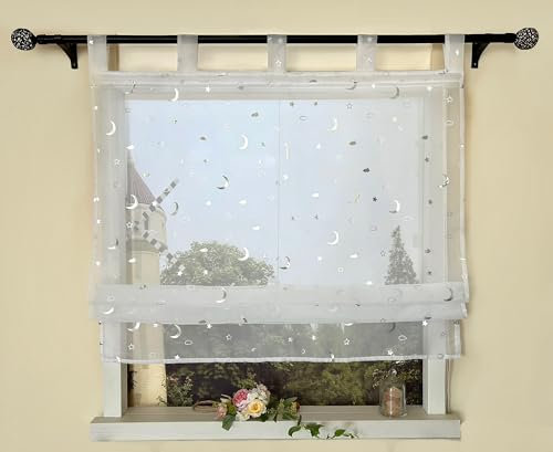 Devola Raffrollo mit Glanzmuster Raffgardinen Modern Küche Transparent Fertiggardine Gardinen Silber Glänzend Voile Raffrollo HxB 140x100cm Sternmuster mit Schlaufen 1 Stück