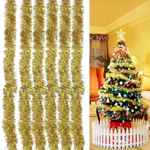Ashuxxn 6 Stück Lametta Girlande Weihnachten Glänzende Weihnachtsbaum Dekoration Girlande Glänzend Girlande Weihnachten Deko Lametta Girlande Weihnachtsgirlanden für Weihnachtsbaum (Golden)