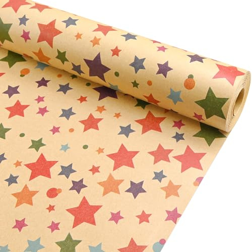 Colourful Star Wrapping Paper Roll, 43cm x 12m Birthday Kraft Gift Wrap