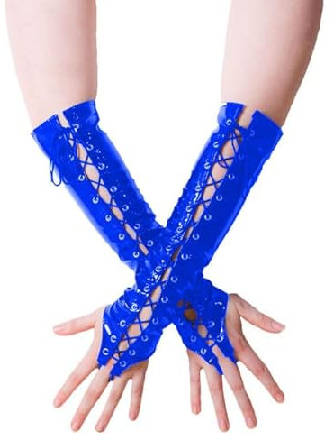 MINUSE Unisex Lange Fingerlose Handschuhe Handschuhe PVC Schnürung Glänzende Wetlook Lederhandschuhe Frauen Pole Dance Ellenbogenlange Handschuhe,Blau,XL