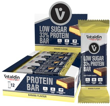 VITALDIN SPORT Low Sugar 33% Protein Bar Banana – 12 Barritas Proteicas x 45 gr; sabor Plátano – Barrita Alto Contenido en Proteína y Bajo en Azúcar – Sin Azúcares Añadidos