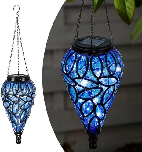 Taylor & Brown Solar Hanging Lantern - Decorative Handblown Plastic Teardrop Hanging Lantern Light with 15 LED Lights for Outdoor, Garden, Patio, Yard, Pathway (Blue)