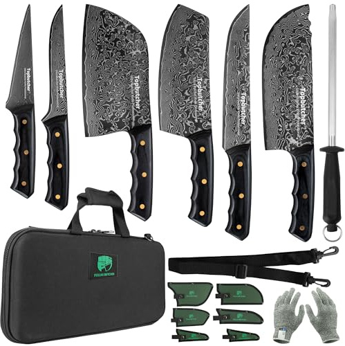 Topbutcher chef boucher couteau de boucher ensemble professionnel - Damas japonais noir - sentir une prise ferme Poignée-inclure étui de couteau, bâton d’affûtage de couteau, boîte à couteaux