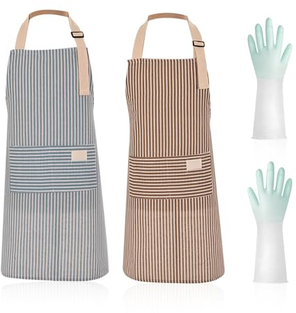 ZBHDEYG Set de 2 Delantales a Rayas Con Guante - Impermeable y Antimanchas, Ajustable Con Bolsillos, De Tiras Para Repostería, Mono Antiaceite De Cocina