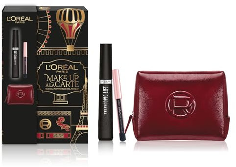 L'Oréal Paris Make-up-Tasche à la Carte mit Mascara, Teleskop-Lift und Mini-Matita für Ihre festlichen Looks, mit elegantem Kosmetikkoffer in Bordeauxrot