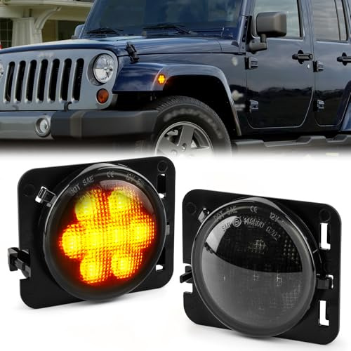 OZ-LAMPE 2Pcs LED Side Indicator for Jeep Wrangler JK 2007-2015, Amber LED Turn Signal Light Repeater, Canbus Design Error Free LED Side Marker, Smoked Lens