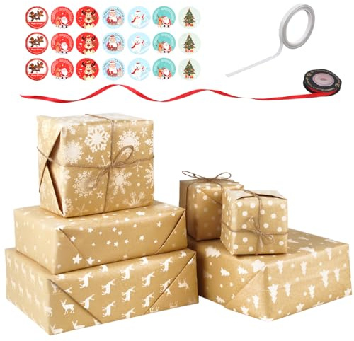 Weihnachtsgeschenkpapier Weihnachten, 5 Blätter Geschenkpapier | Birthday Gift Wrap, Packpapier mit Band Aufklebern,100X44cm Geschenkpapier zum Geburtstag für Männer,Valentinstag Weihnachten