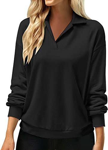 Felpa Casual Allentata a Maniche Lunghe da Donna con Scollo a V e Colletto Maglia Donna in Cotone Maniche Lunghe Donna Felpe