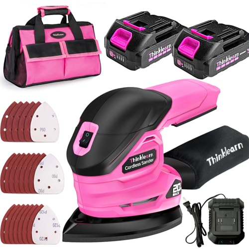 THINKLEARN Cordless Detail Sander with 2Pcs Batteries and Charger, 20V Electric Hand Sander with 22Pcs Sandpapers & Dust Collection System, Palm Sanding Tool for Woodworking, Polishing Wood Furniture