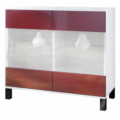 Vladon Kommode Bari V3, Moderner Küchenschrank mit 2 großen Glastüren inkl. RGB Beleuchtung Weiß matt/Bordeaux Hochglanz (92,5 x 84.5 x 35)