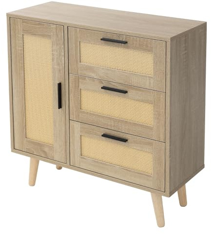 ML-Design Kommode mit 1 Tür & 3 Schubladen, 74x76x30 cm, Eiche Optik, Sideboard mit Rattanfront und Massivholzfüßen, Highboard Anrichte Standschrank Buffet, Aufbewahrungsschrank für Wohnzimmer & Flur