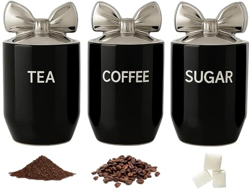 BMLIMITED BML Ceramic Tea Coffee Sugar Canisters Set Airtight Kitchen Storage Jars Decorative Countertop Canister Set with Silver Bow Lids Ideal Housewarming Gift & New Home Kitchen Accessory