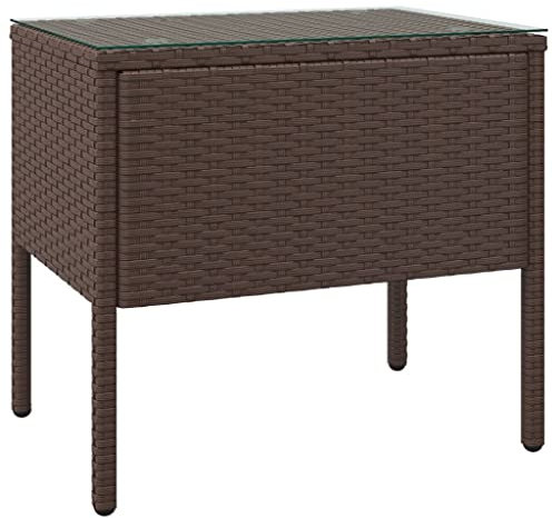 HEFZGDB Beistelltisch Braun 53x37x48 cm Poly Rattan und Hartglas Esstisch Wohnzimmertisch Beistelltisch Klein Beistelltisch Sofa für Speisesaal Wohnbereich Schlafzimmer Balkon