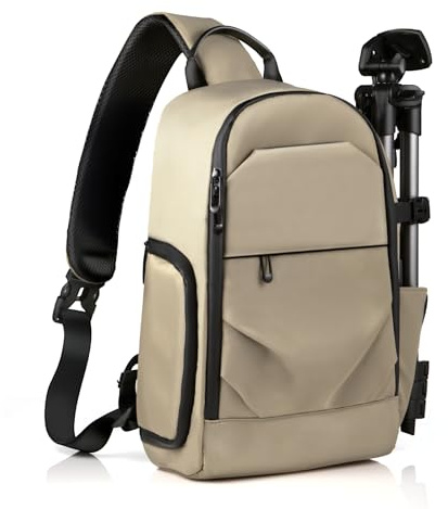 TAAOKA Waterproof Camera Sling Bag Backpack - DSLR Sling Camera Bag for Photographers, Cross Body Sling Bag with Raincover Tripod Holder Photography Slingpack Black TR-S (Brown)