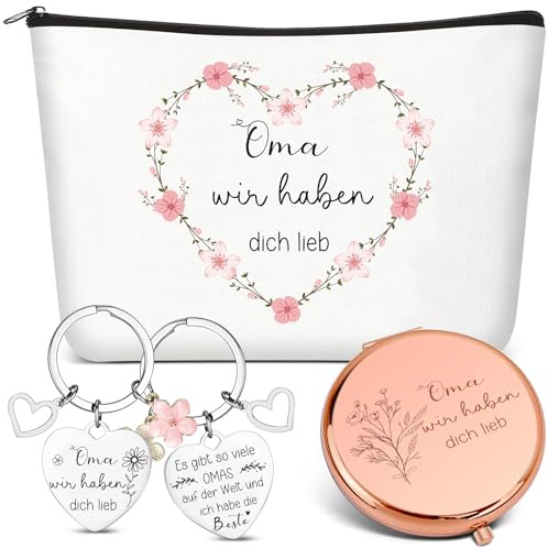 Otuuz 3 Stück Oma Geschenke Kosmetikbeutel Taschenspiegel Klappbar Schlüsselanhänger mit Gravur Beste Oma Wir Haben Dich Lieb Dankeschön Geschenke für Muttertag Weihnachten Geburtstag Enkel Enkelin
