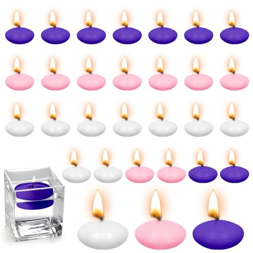 30 Stück Schwimmkerzen, Bunte Schwimmende Kerzen, Unparfümierte Schwimmkerzen, Wasserkerzen Schwimmkerze für Hochzeiten, Partys, Badewannen, Valentinstag Deko, Pools, Spas(Weiß+Lila+Rosa)