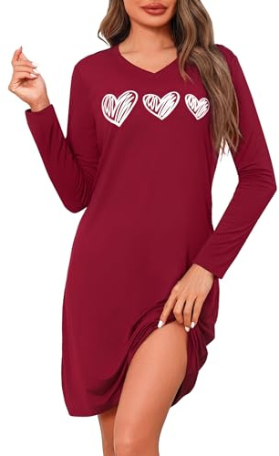 Marvmys Chemise De Nuit Femme Coton à Manches Longues Nuisette Col V | Robe De Nuit Femmes D'hiver Avec Impression De Cœurs S-4XL