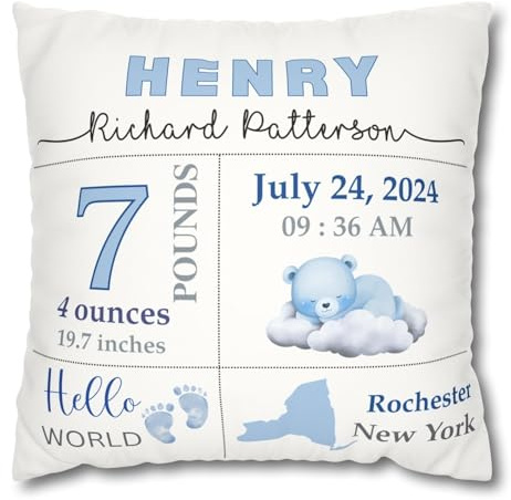 Handmade Charm Studio Personalized Baby Boy Gift Blue Pillow Nursery Keepsake Custom Baby Name Birth Date Stats Pillow Newborn Infant Gift for New Mom Birth Announcement Idea