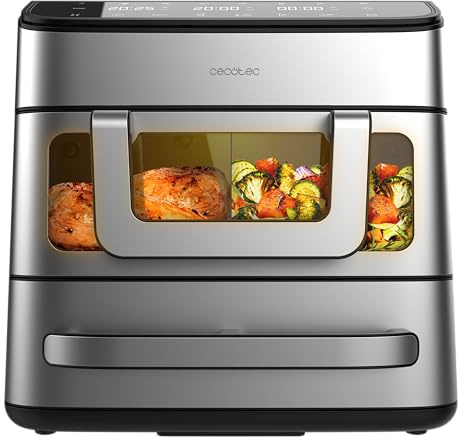 Cecotec Friggitrice ad Aria e Forno, Air Fryer Cecofry FoodCourt 18000 4Pizza. 2700W, Forno 12, Temp. Max 230ºC, 18L Parete Divisoria, 200ºC, Funzione Sync, Pietra Pizza, Display Colori, Acciaio Inox