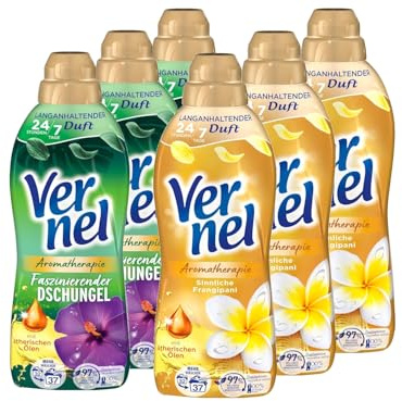 Vernel Weichspüler Set – 3x Faszinierender Dschungel & 3x Sinnliche Frangipani (je 37 WL) – Aromatherapie mit ätherischen Ölen & 24/7 Frische