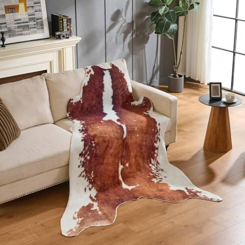 Brown Cowhide Rug,Large Carpet Non-Slip Luxury Faux Fur Cowhide Print Area Rug,Modern Style Animal Cow Print Skin Rugs Carpet for Living Room Bedroom -6.3 * 9FT(75 * 110inch)