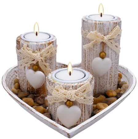 Tealight Candle Holders with Tray, 3 Pcs Tea Light Holders with Candle Tray Set, Wooden Candle Plate for Dining Table Centrepiece Ornaments for Living Room, for Women, Gift for Mum