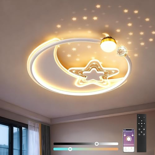 KZT LED Deckenleuchte Kinderzimmer Deckenlampe Dimmbar mit Fernbedienung Nachtlicht Moderne Stern Mond Design Kinderzimmerlampe für Jungen und Mädchen Schlafzimmer Babyzimmer Wohnzimmer