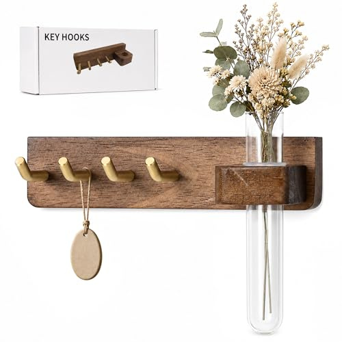 Dxiunove Key Holder for Wall with Flower Vase – 4 Solid Copper Hooks, Wooden Wall-Mounted Key Organiser for Entryway, Easy Installation with Strong Adhesive, Walnut