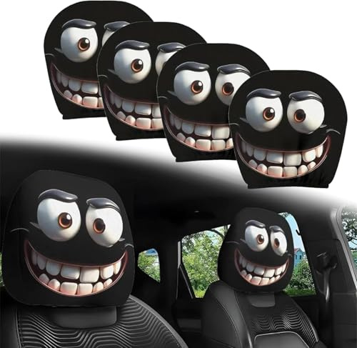 Funny Cartoon Car Headrest Covers, Cute Funny Cartoon Eyes Car Headrest Covers, Breathable Fabric, Universal Interior Car Accessories, Seat Head Rest Protector for Auto, Front Seat Decoration