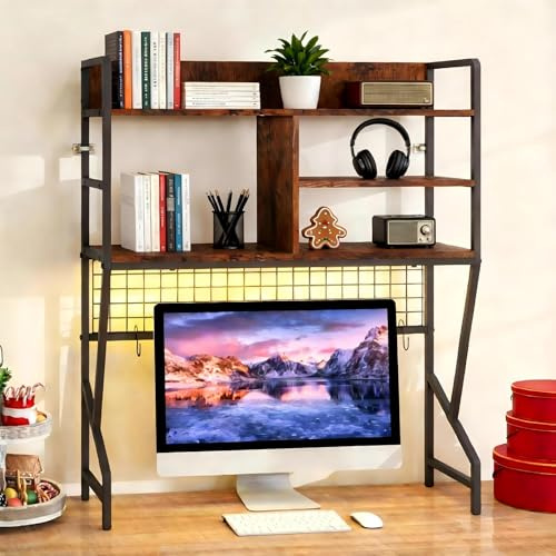 ELECWISH Desktop Bookshelf, Desk Book Shelves with LED Lights, Small Bookcase with Adjustable Storage Shelf, Display Rack with Grid Panel and 10 Hooks for Dorm Monitor Office