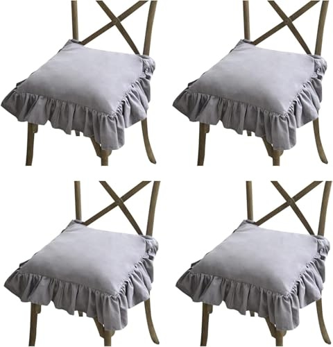 Stuhlkissen mit Rüschen, Vintage-Stil, für Esszimmerstühle, rutschfest, weiche Baumwolle, Sitzkissen mit Bändern, waschbar, Küchenkissen (Hellgrau, 40 x 40 cm), 4 Stück