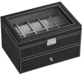 Générique Klocklåda, klocklåda, svart PU-läder, 20 fack, med glas, 2 nivåer, låsbar