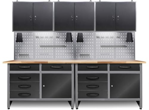 Ondis24 Werkstatt Set Holger 240 cm mit 2 Werkbänken Holger, 3 Werkzeugschränken 80 cm, 6 Lochwänden, 22-teiligem Haken-Set und 2 LED-Touchlampen – Werkstatteinrichtung mit 28 mm Buchenholzplatte
