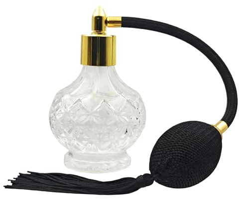 Vintage kristallparfymflaska, 80 ml påfyllningsbar klar parfym atomizer tom med långa tofsar retro spray atomizer pump glasbehållare återanvändbar dispenser flaskor för sminkhår (guldmunstycke)