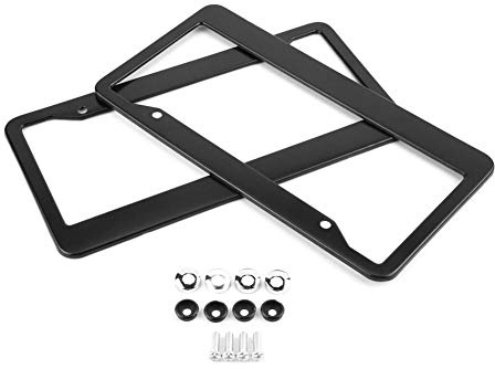 Autokennzeichenrahmen 2 stücke Universal Edelstahl Abdeckung Halter Halterung Dünne Unterseite Kennzeichenhalter Matt Schwarz Pulver Mit Schwarzen Schraubkappen Beschichtet für US und CANADA-Standard