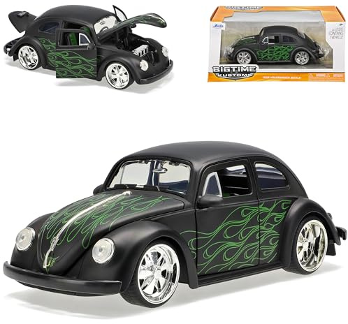 Volkwagen Käfer Coupe Matt Schwarz Grüne Flammen mit Silber Felgen 1/24 Jada Modell Auto
