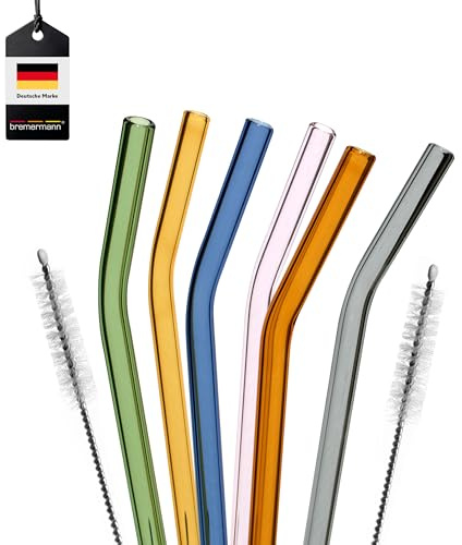 bremermann 6er Set Glas-Trinkhalme, Cocktail-Set, Verschiedene Längen, wiederverwendbar, transparent oder bunt, Gebogene Form, inklusive 2 Reinigungsbürsten (bunt, 25 cm)