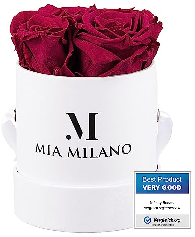 Infinity Roses Bordeaux för henne – 5 års hållbarhet – Presentförpackning med 4 äkta konserverade rosor, handgjorda i Tyskland
