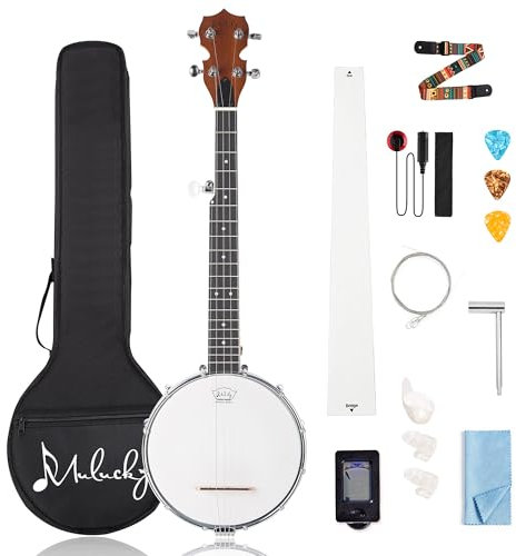 5-saitiges Banjo Mini – Mulucky 26 Zoll Reisebanjo, Korpus aus Sapele, geschlossene massive Rückseite, Anfängerset mit Gigbag, Plektren, Saiten, Gurt – B806