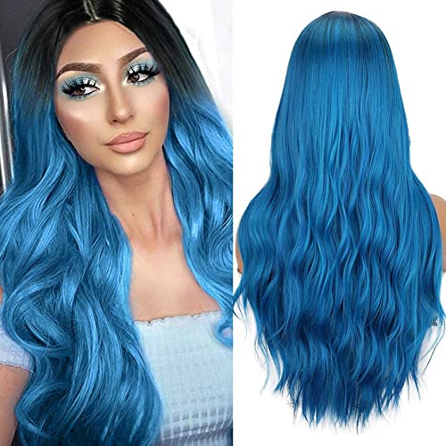 Peluca Azul Para Mujeres Ombre Sedosa Peluca de Pelo Largo Liso Línea Natural Parte Media 22 Pulgadas Peluca Sintética Para Mujeres Fiesta Halloween Disfraz