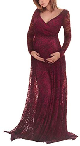 Walaka Femme Robe Maternité Longue Photo Grossesse Photographie Soirée Mariage Cérémonie Dentelle Mousseline Accessoires de Photo (Rouge, L3)