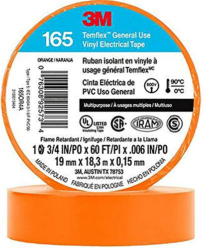 3M Cinta aislante de vinilo sin disolventes Temflex (165): 3/4 in. x 60 ft. (naranja) / 10-paquete